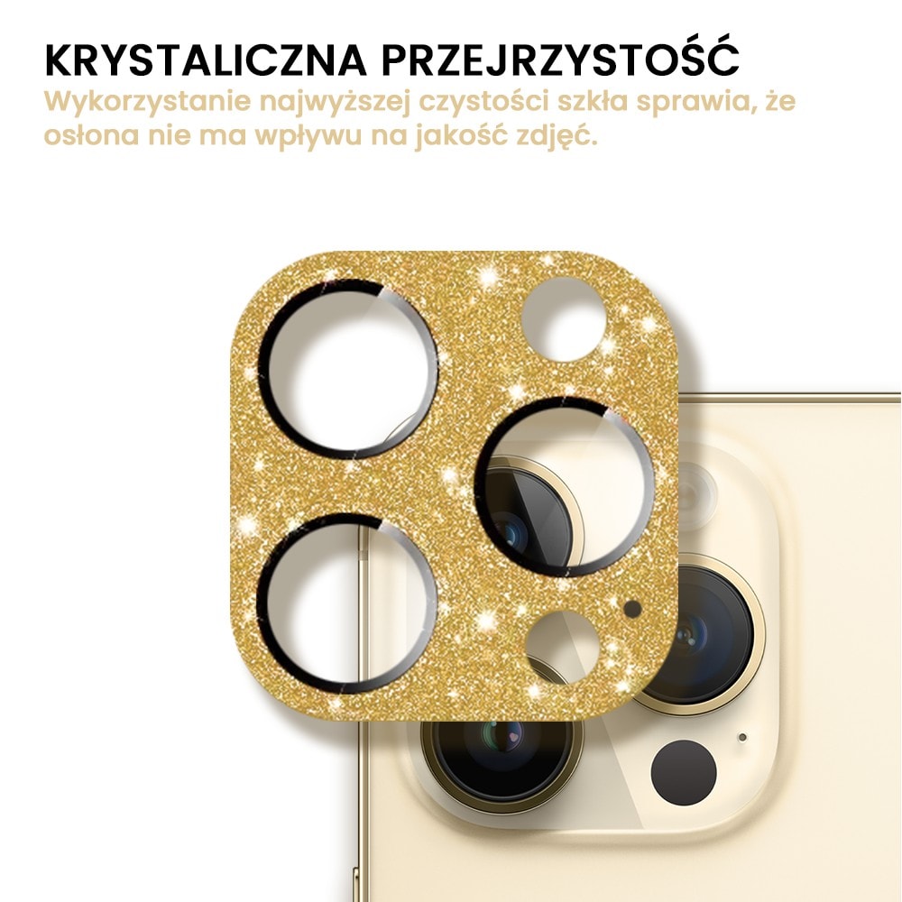 iPhone 14 Pro Max metalowa osłona na cały aparat, wbudowane szkła 9H, złoty brokat
