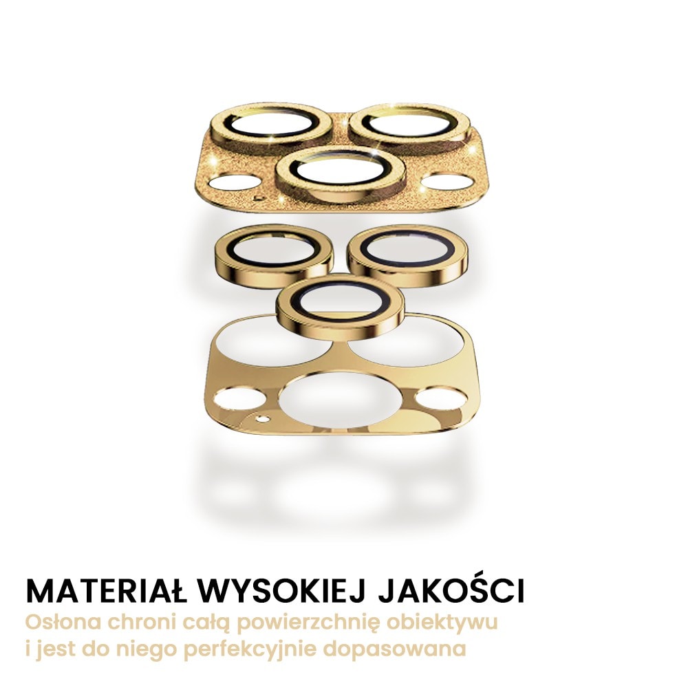 iPhone 14 Pro Max metalowa osłona na cały aparat, wbudowane szkła 9H, złoty brokat