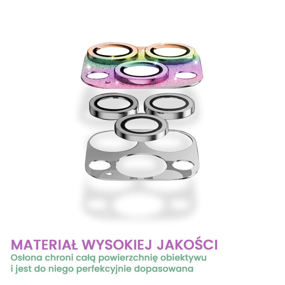 iPhone 14 Pro metalowa osłona na cały aparat, wbudowane szkła 9H, błyszczący kameleon