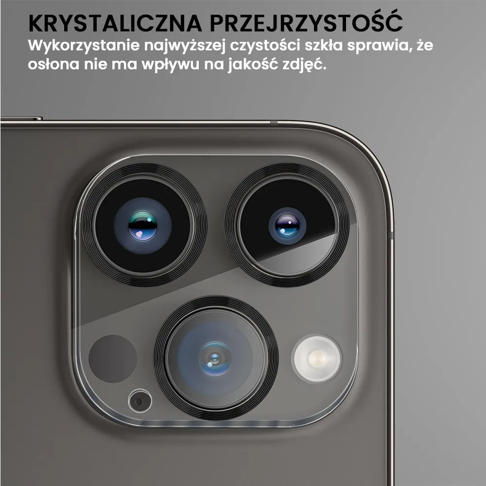 iPhone 16 Pro Max pełne szkło hartowane na cały aparat z metalowymi pierścieniami, czarne