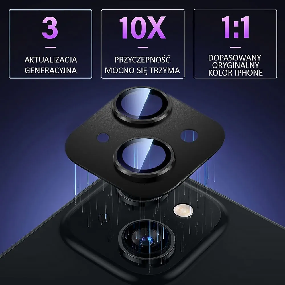 iPhone 13 gładka metalowa osłona na cały aparat, wbudowane szkła 9H, czarna