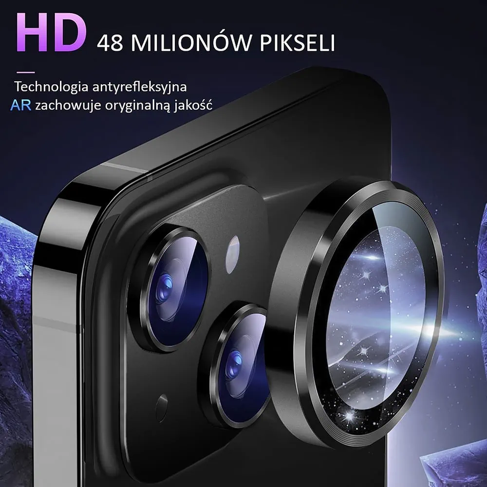 iPhone 13 gładka metalowa osłona na cały aparat, wbudowane szkła 9H, czarna