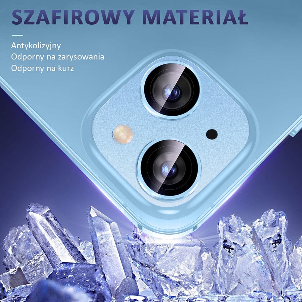 iPhone 14 gładka metalowa osłona na cały aparat, wbudowane szkła 9H, niebieska
