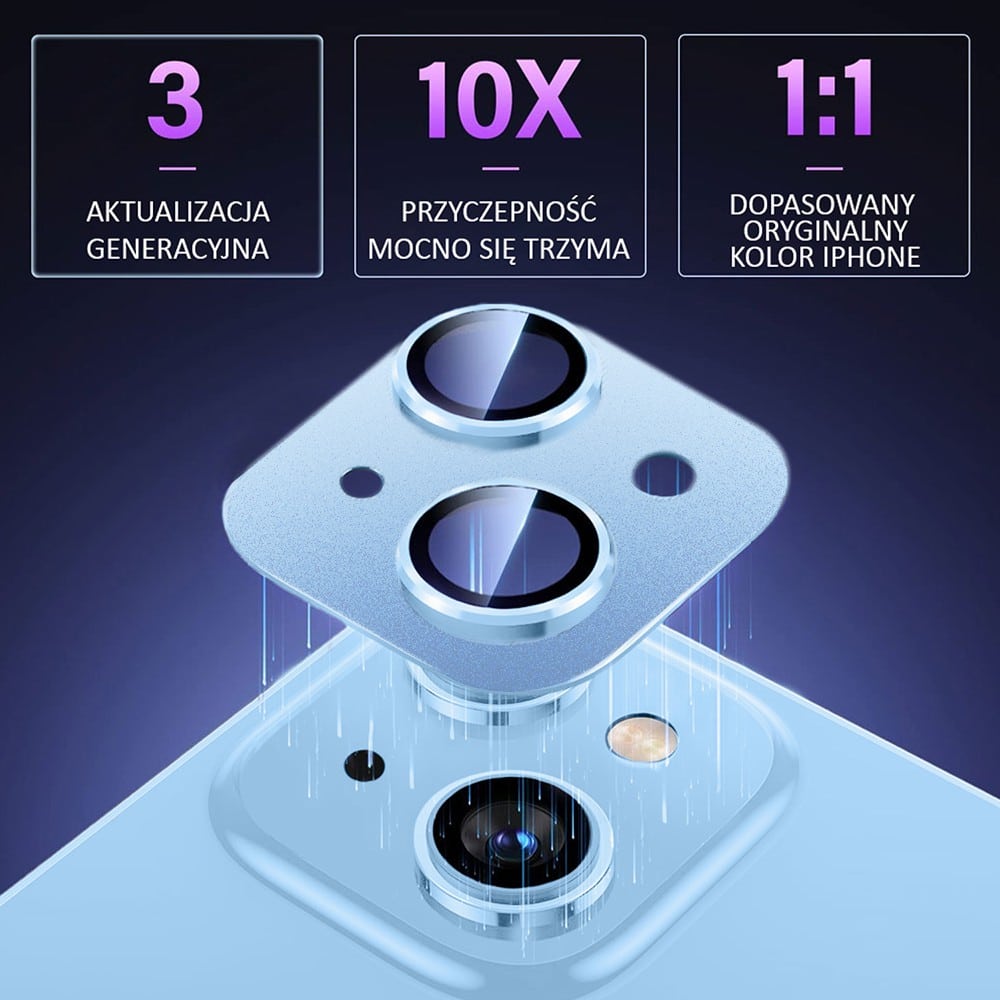 iPhone 14 gładka metalowa osłona na cały aparat, wbudowane szkła 9H, niebieska