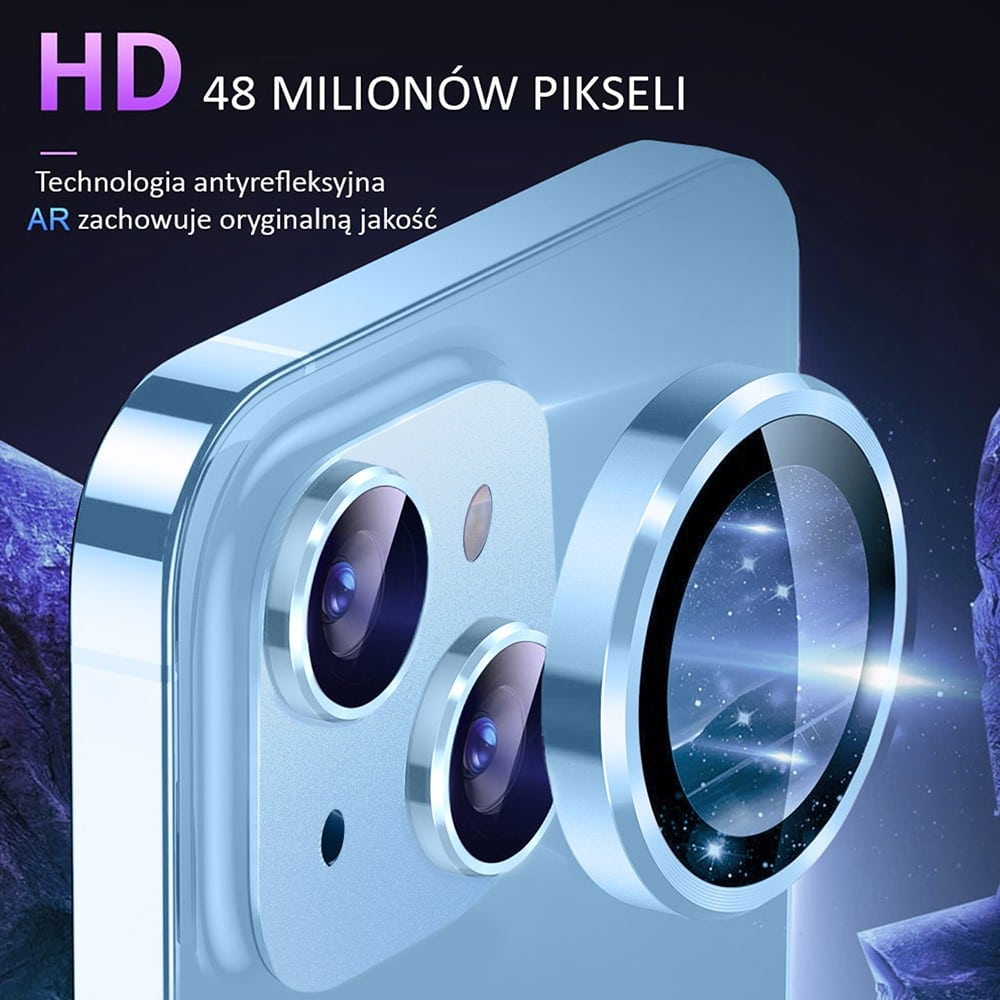 iPhone 14 gładka metalowa osłona na cały aparat, wbudowane szkła 9H, niebieska