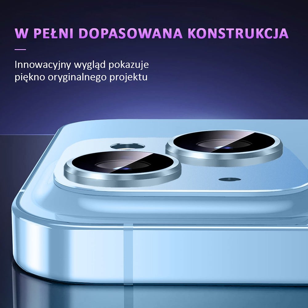 iPhone 14 gładka metalowa osłona na cały aparat, wbudowane szkła 9H, niebieska