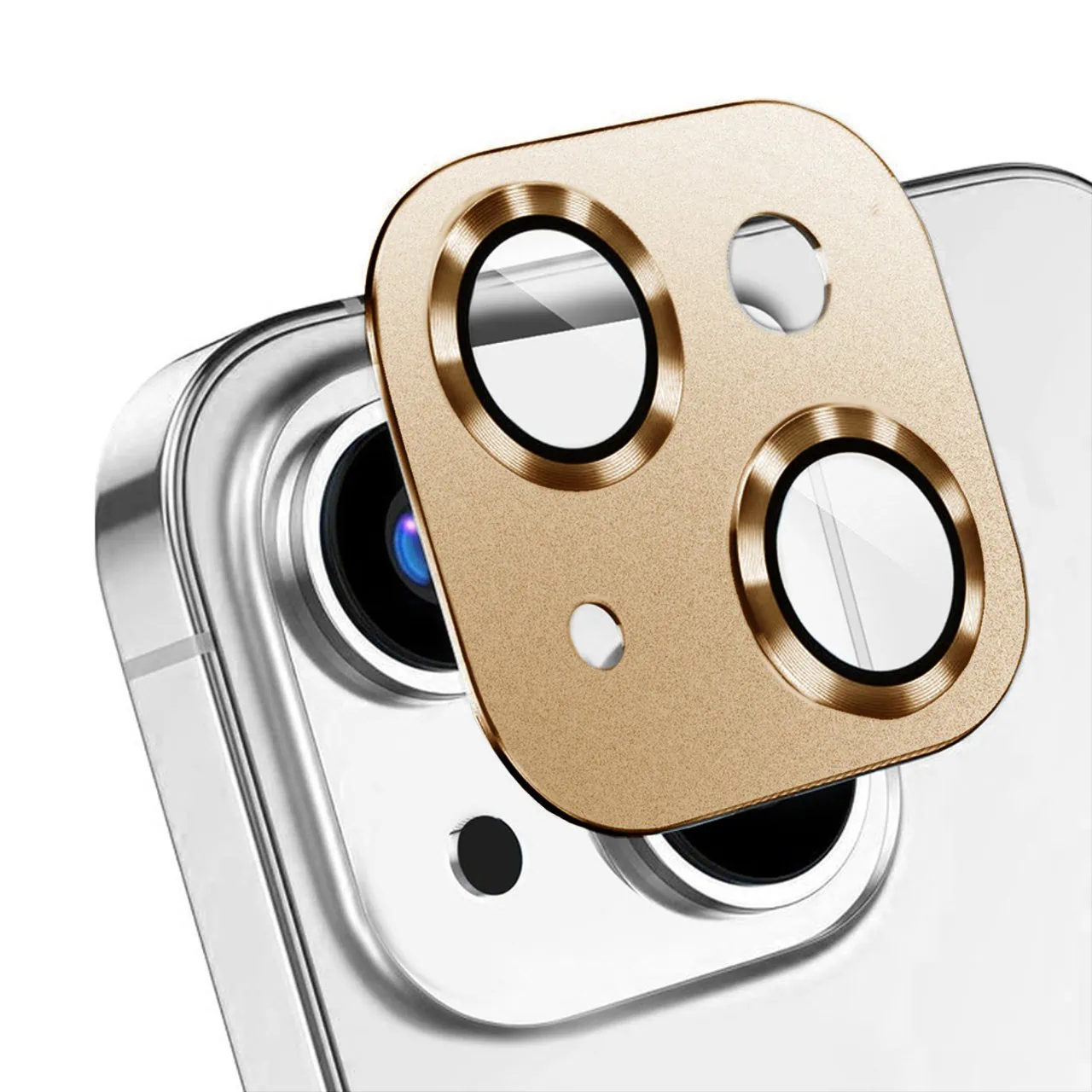 iPhone 14 gładka metalowa osłona na cały aparat, wbudowane szkła 9H, złota