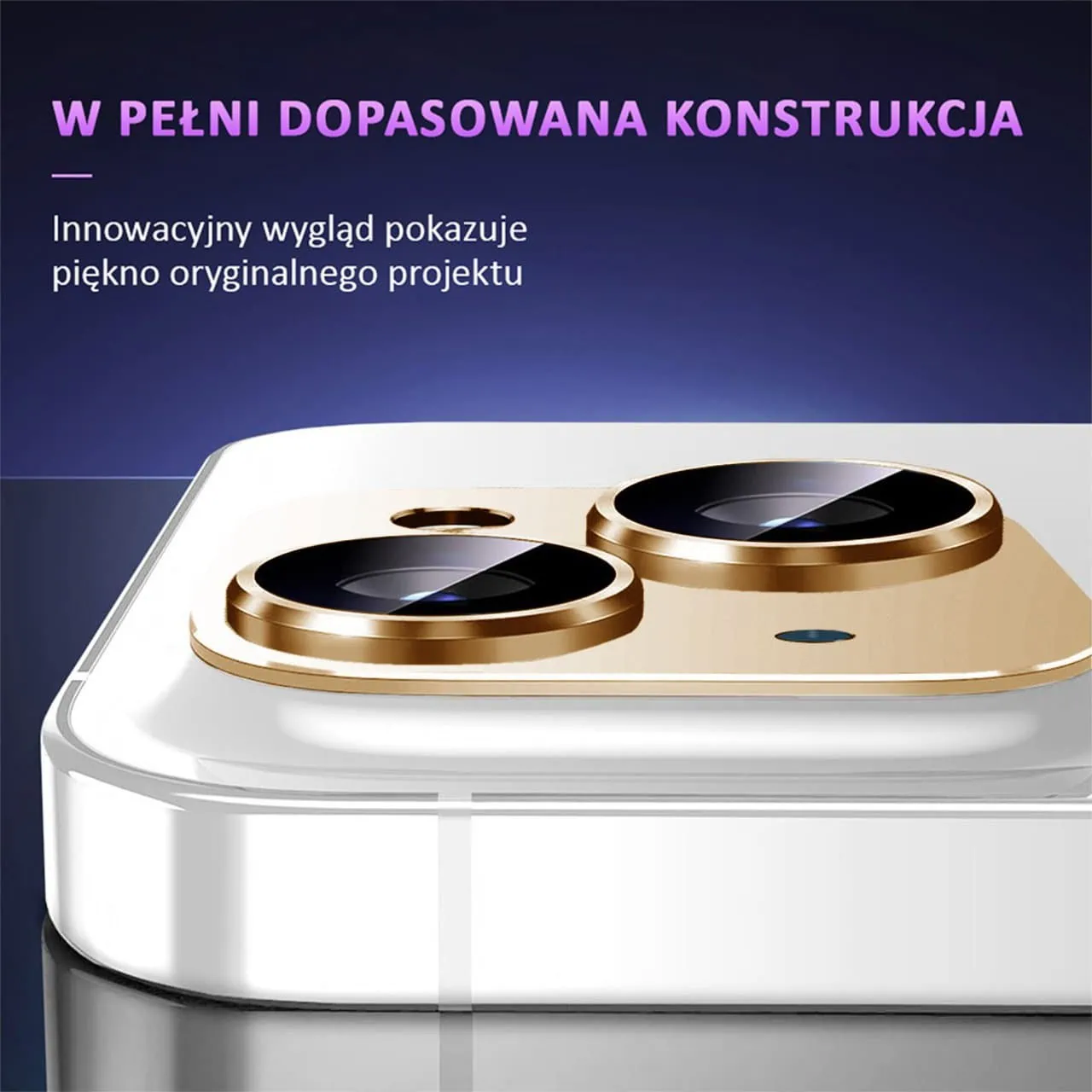 iPhone 14 gładka metalowa osłona na cały aparat, wbudowane szkła 9H, złota