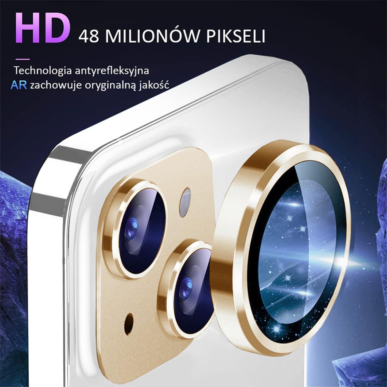 iPhone 14 gładka metalowa osłona na cały aparat, wbudowane szkła 9H, złota