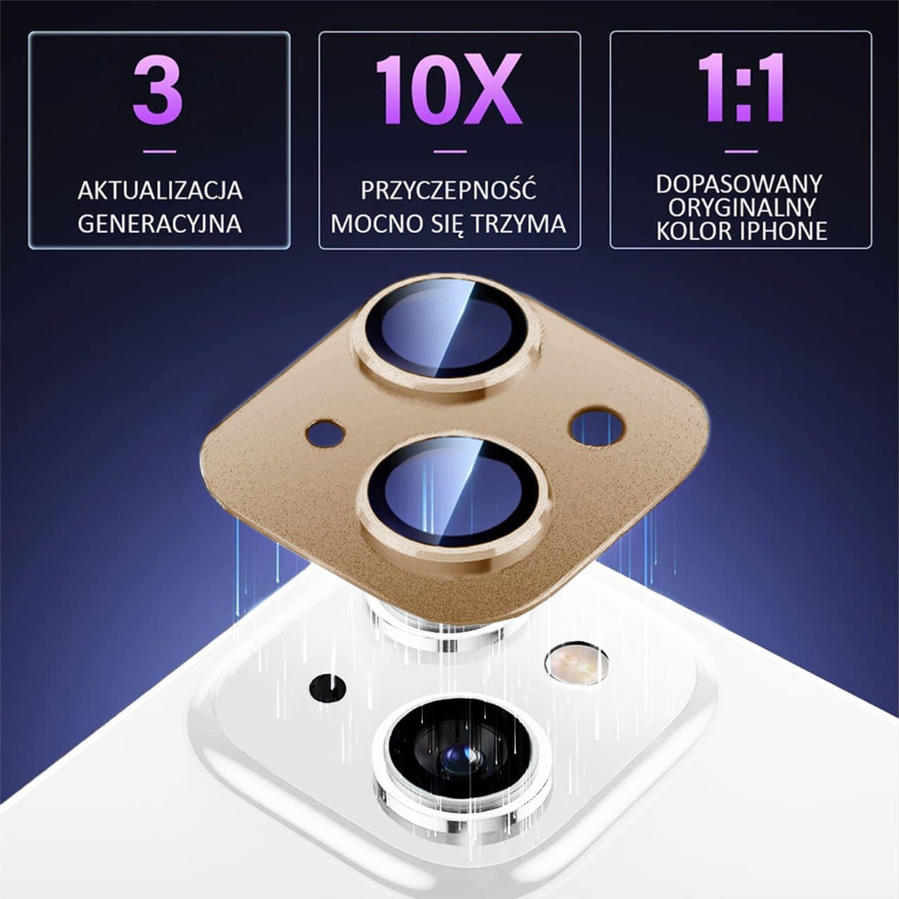 iPhone 14 gładka metalowa osłona na cały aparat, wbudowane szkła 9H, złota