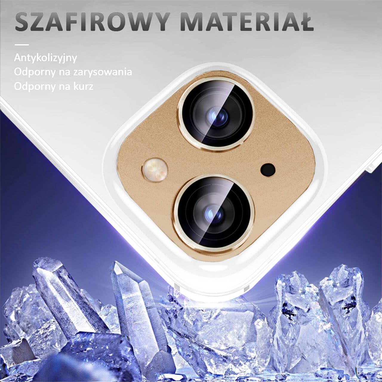 iPhone 14 gładka metalowa osłona na cały aparat, wbudowane szkła 9H, złota