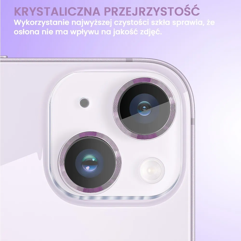 iPhone 14 pełne szkło hartowane na cały aparat z metalowymi pierścieniami, fioletowe