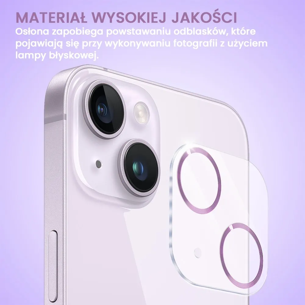 iPhone 14 pełne szkło hartowane na cały aparat z metalowymi pierścieniami, fioletowe