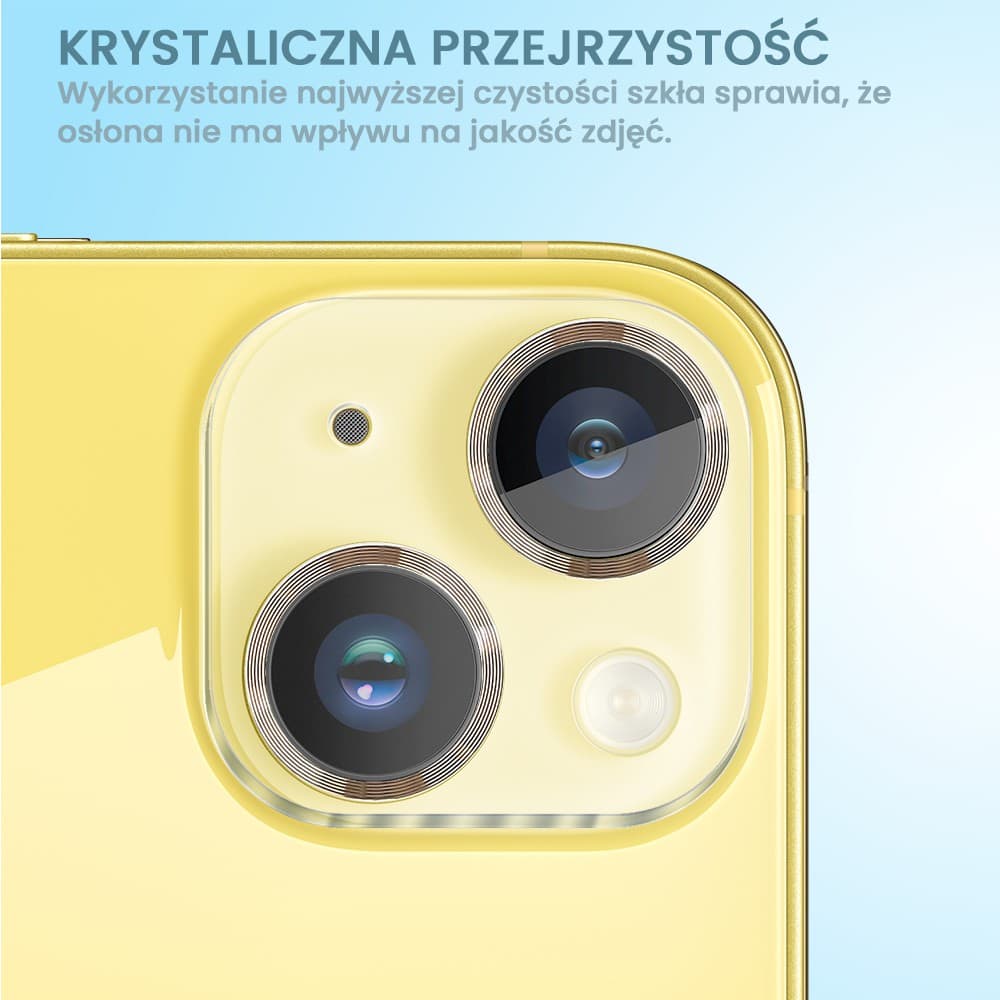 iPhone 14 pełne szkło hartowane na cały aparat z metalowymi pierścieniami, złote