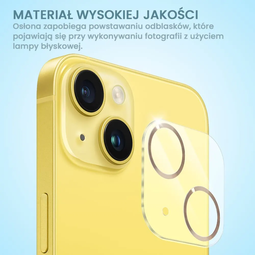 iPhone 14 pełne szkło hartowane na cały aparat z metalowymi pierścieniami, złote
