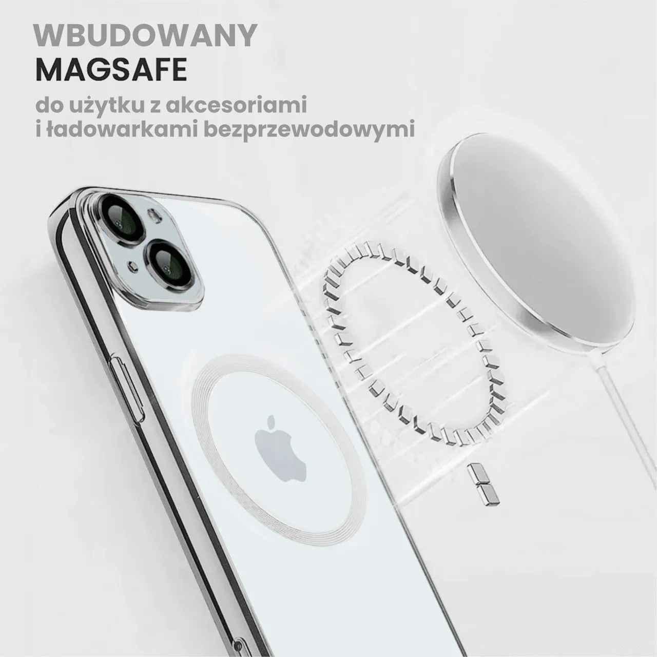 Etui do iPhone 15 Slim Protect Full Cover MagSafe Hard Back, twardy tył, przeźroczyste, srebrne