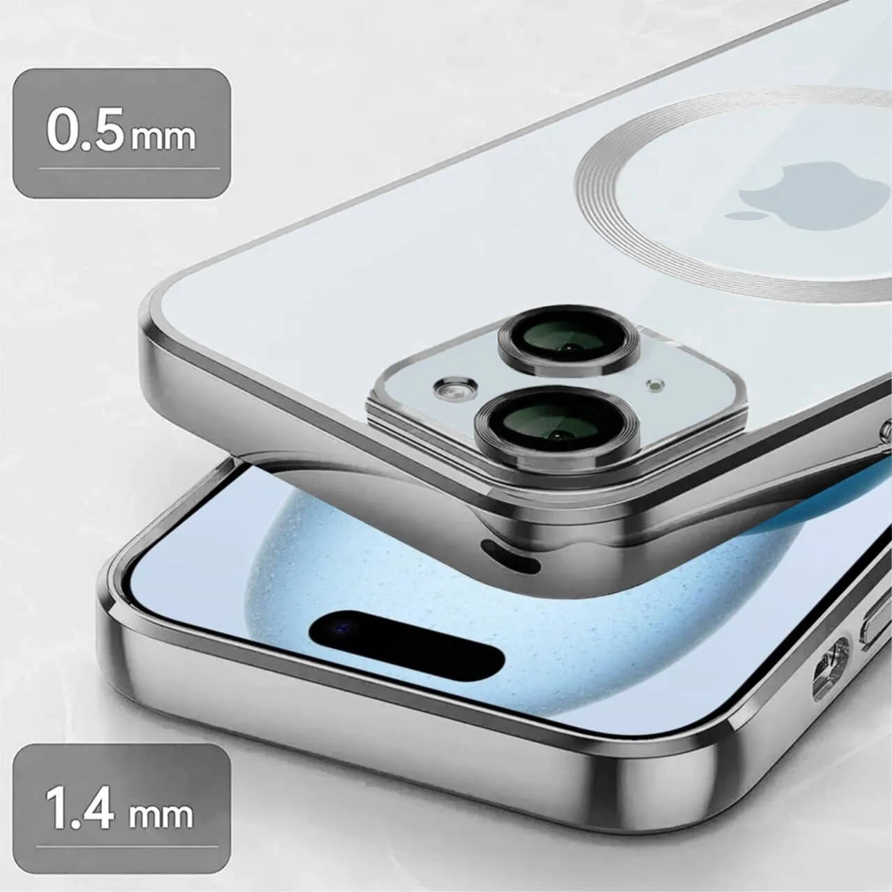 Etui do iPhone 15 Slim Protect Full Cover MagSafe Hard Back, twardy tył, przeźroczyste, srebrne