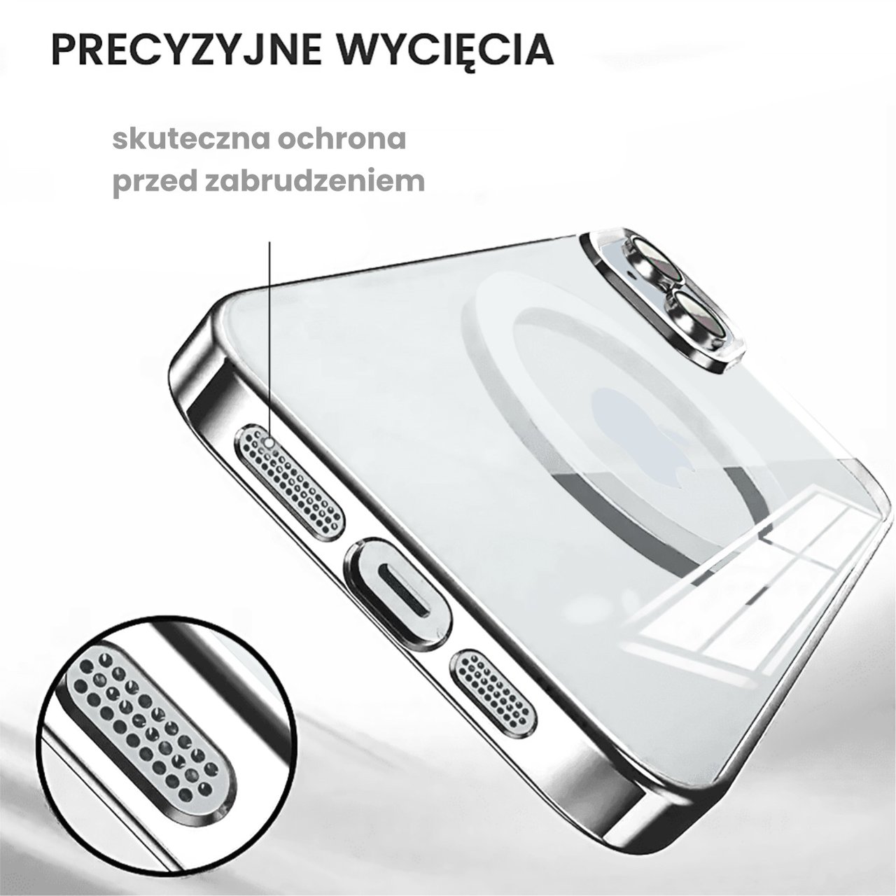 Etui do iPhone 15 Slim Protect Full Cover MagSafe Hard Back, twardy tył, przeźroczyste, srebrne