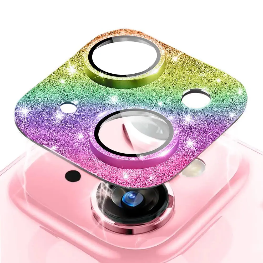 iPhone 15 Plus metalowa osłona na cały aparat, wbudowane szkła 9H, błyszczący kameleon