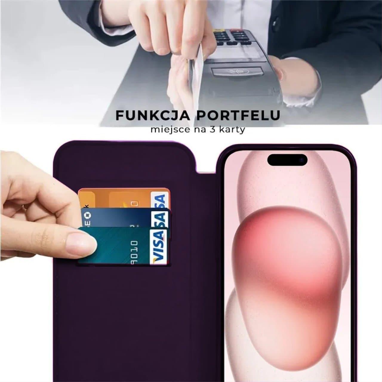 Etui do iPhone 15 typu książka Book Magsafe Lens Protect, z klapką, głęboka purpura