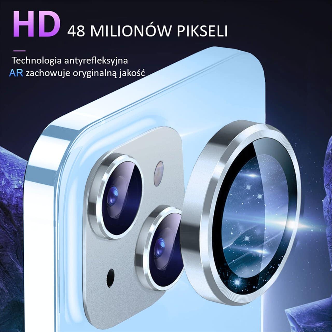 iPhone 15 gładka metalowa osłona na cały aparat, wbudowane szkła 9H, srebrna