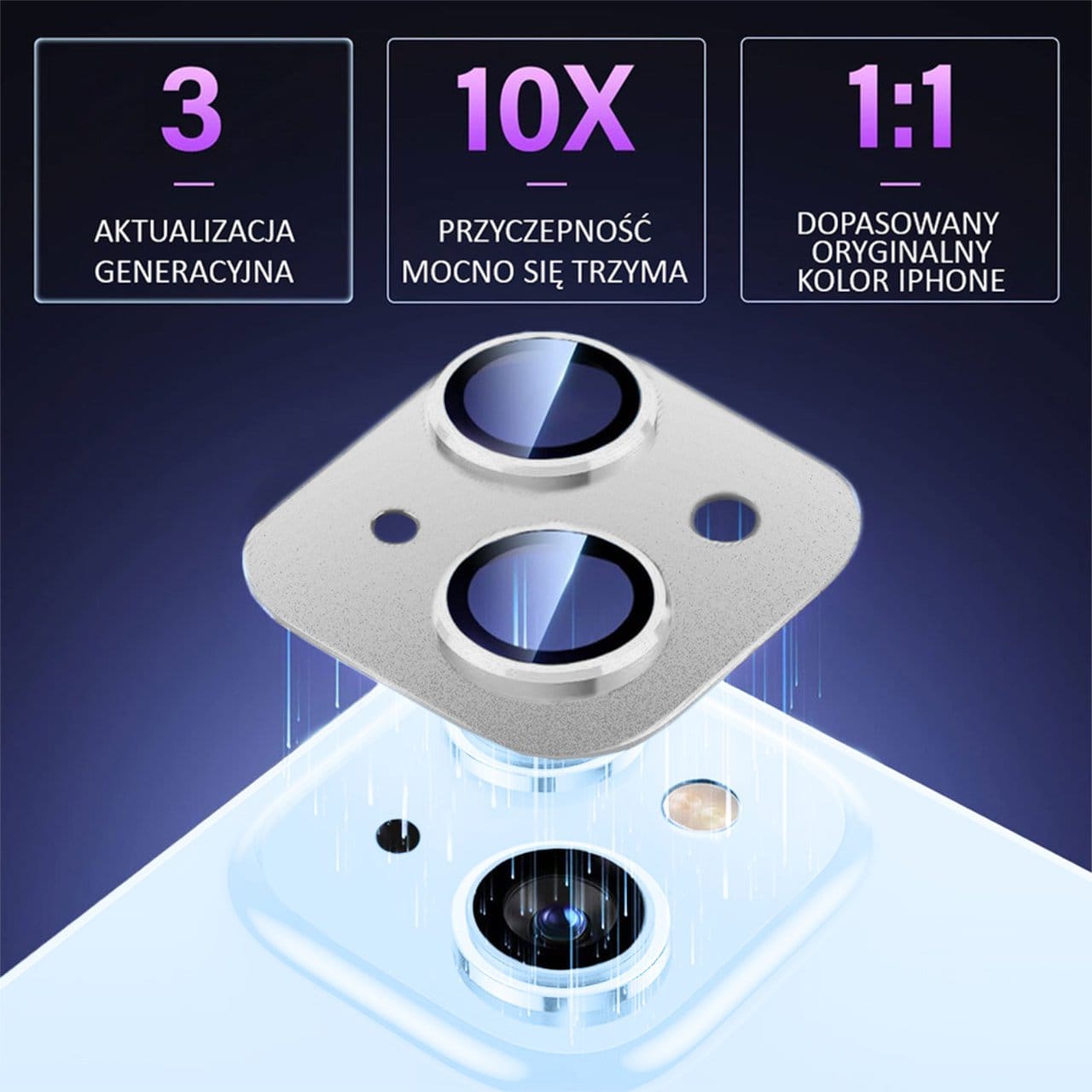 iPhone 15 gładka metalowa osłona na cały aparat, wbudowane szkła 9H, srebrna