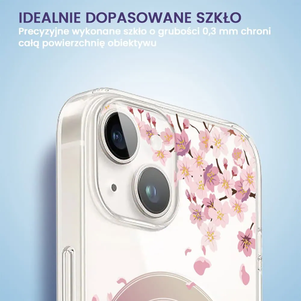 iPhone 15 pełne szkło hartowane na cały aparat, kamerę, kwiat wiśni