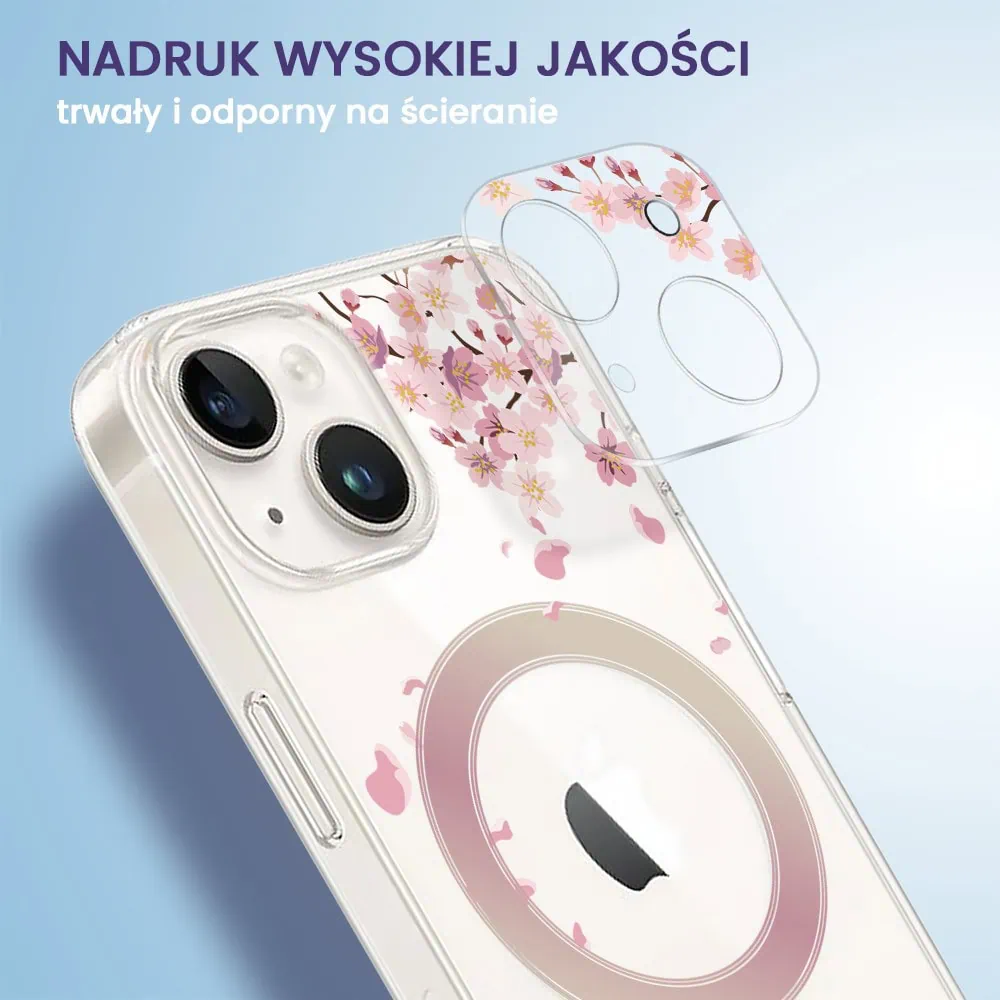 iPhone 15 pełne szkło hartowane na cały aparat, kamerę, kwiat wiśni