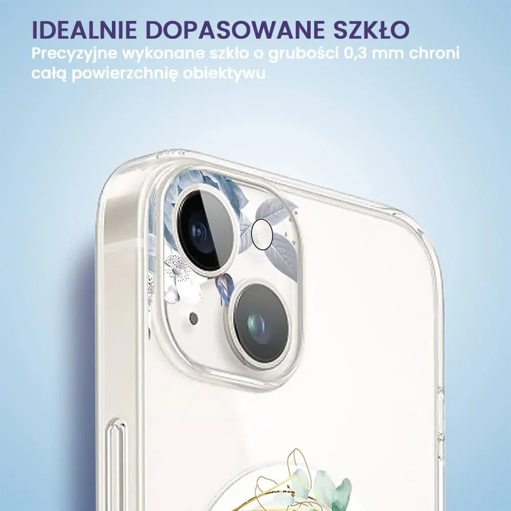 iPhone 13 pełne szkło hartowane na cały aparat, kamerę, niebieskie kwiaty