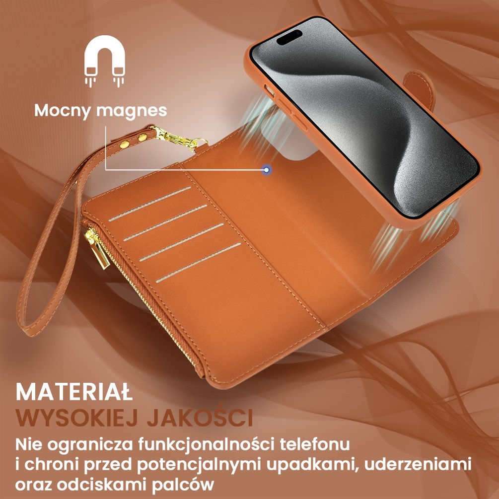 Etui do iPhone 15 Pro 2w1 Magsafe Double Wallet, zestaw etui oraz kabura ze smyczą, brązowe