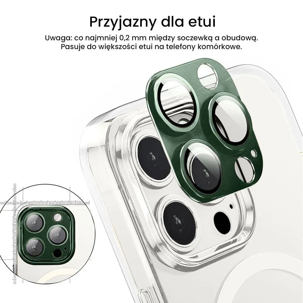 iPhone 15 Pro Max gładka metalowa osłona na cały aparat, wbudowane szkła 9H, zielona