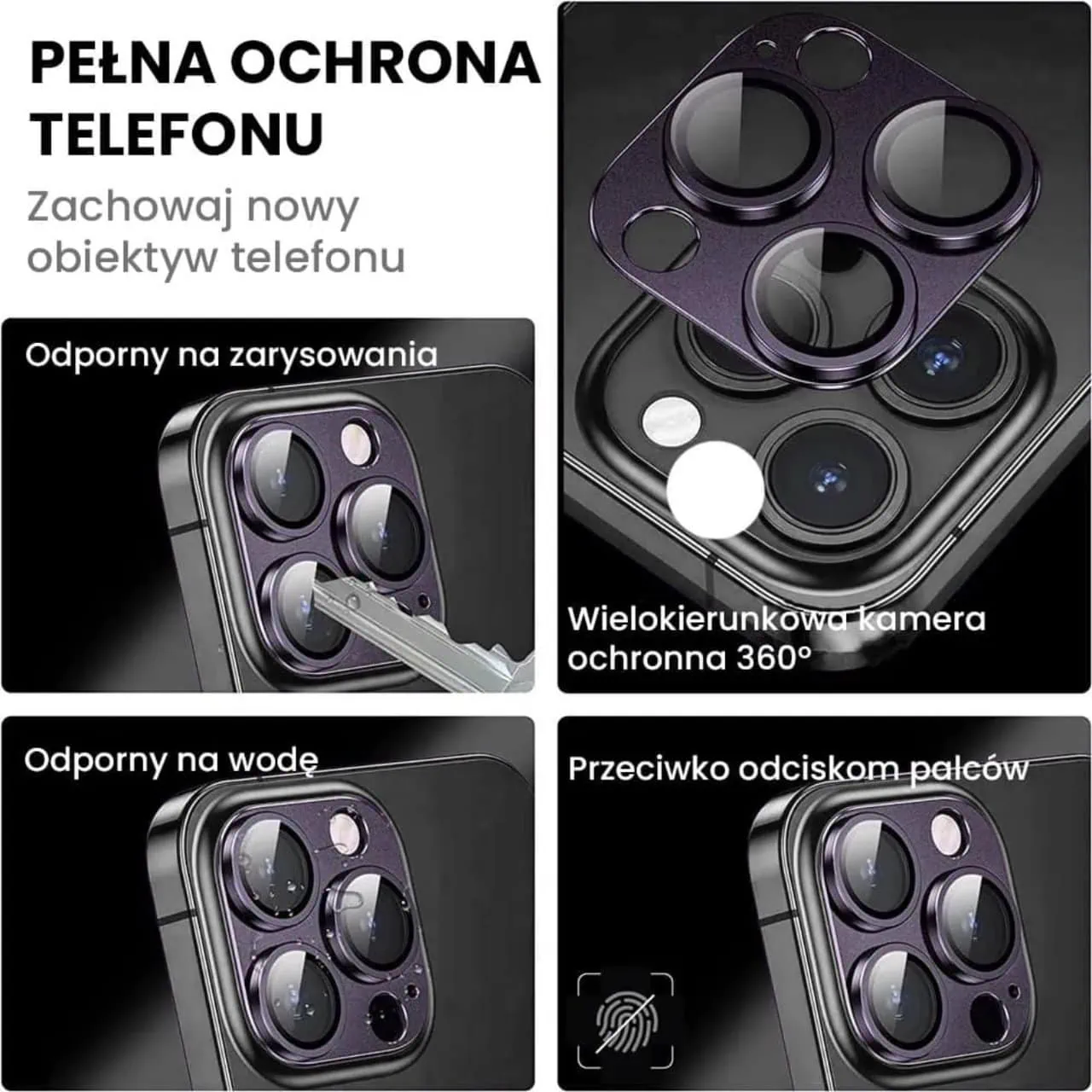 iPhone 15 Pro Max gładka metalowa osłona na cały aparat, wbudowane szkła 9H, purpurowa, fioletowa