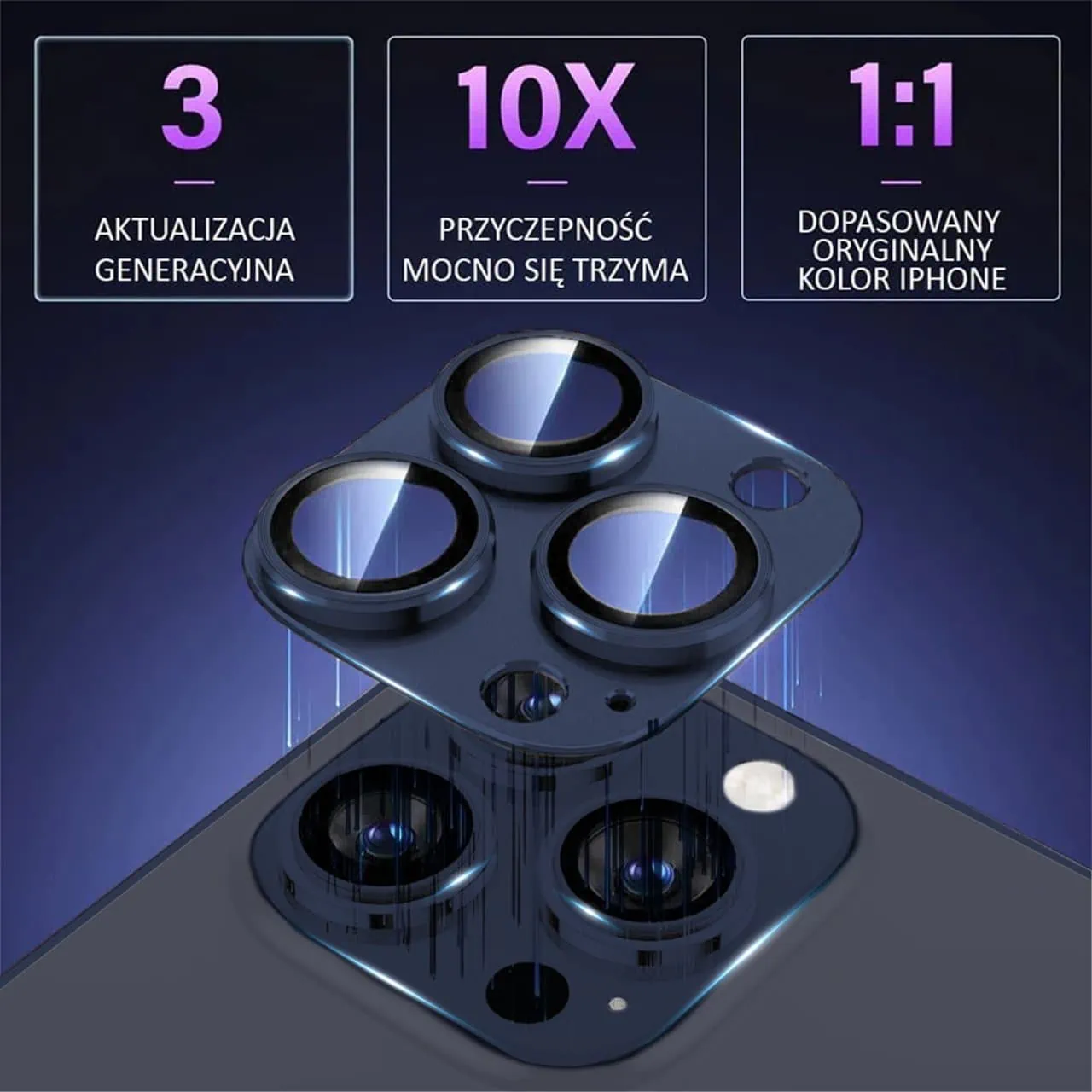 iPhone 15 Pro gładka metalowa osłona na cały aparat, wbudowane szkła 9H, tytan błękitny