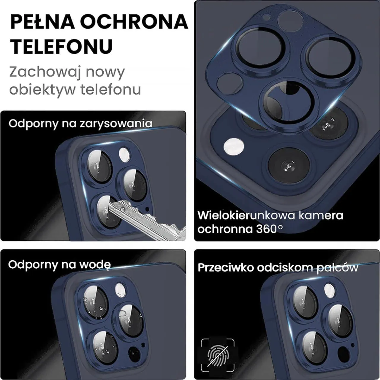 iPhone 15 Pro gładka metalowa osłona na cały aparat, wbudowane szkła 9H, tytan błękitny