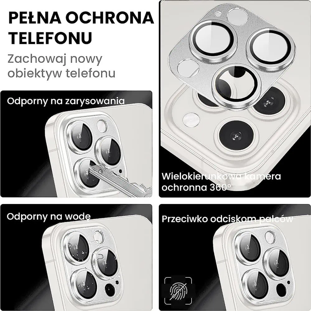 iPhone 15 Pro gładka metalowa osłona na cały aparat, wbudowane szkła 9H, srebrna