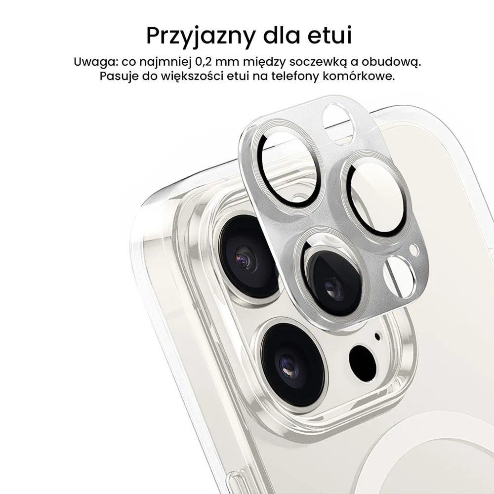 iPhone 15 Pro gładka metalowa osłona na cały aparat, wbudowane szkła 9H, srebrna