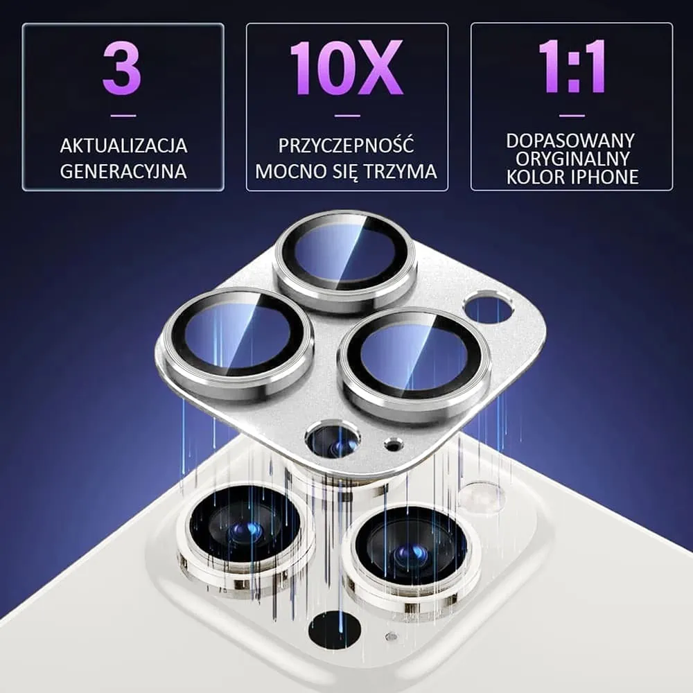 iPhone 15 Pro gładka metalowa osłona na cały aparat, wbudowane szkła 9H, srebrna