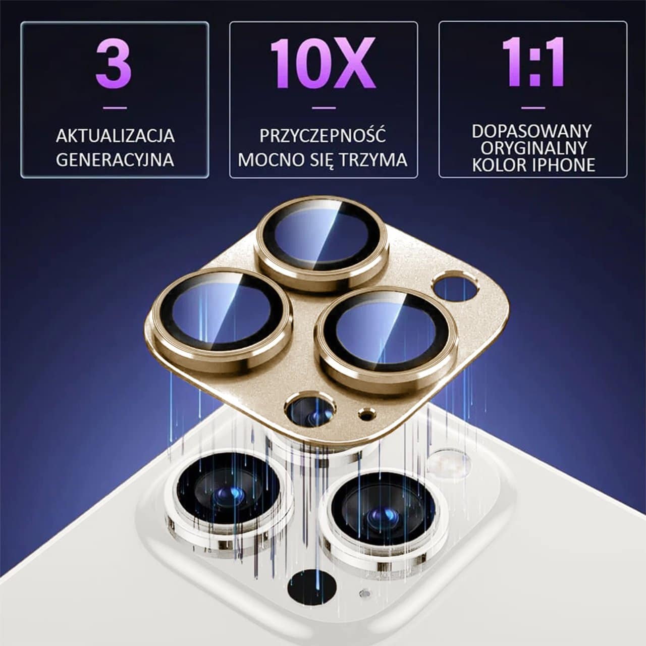 iPhone 15 Pro Max gładka metalowa osłona na cały aparat, wbudowane szkła 9H, złota