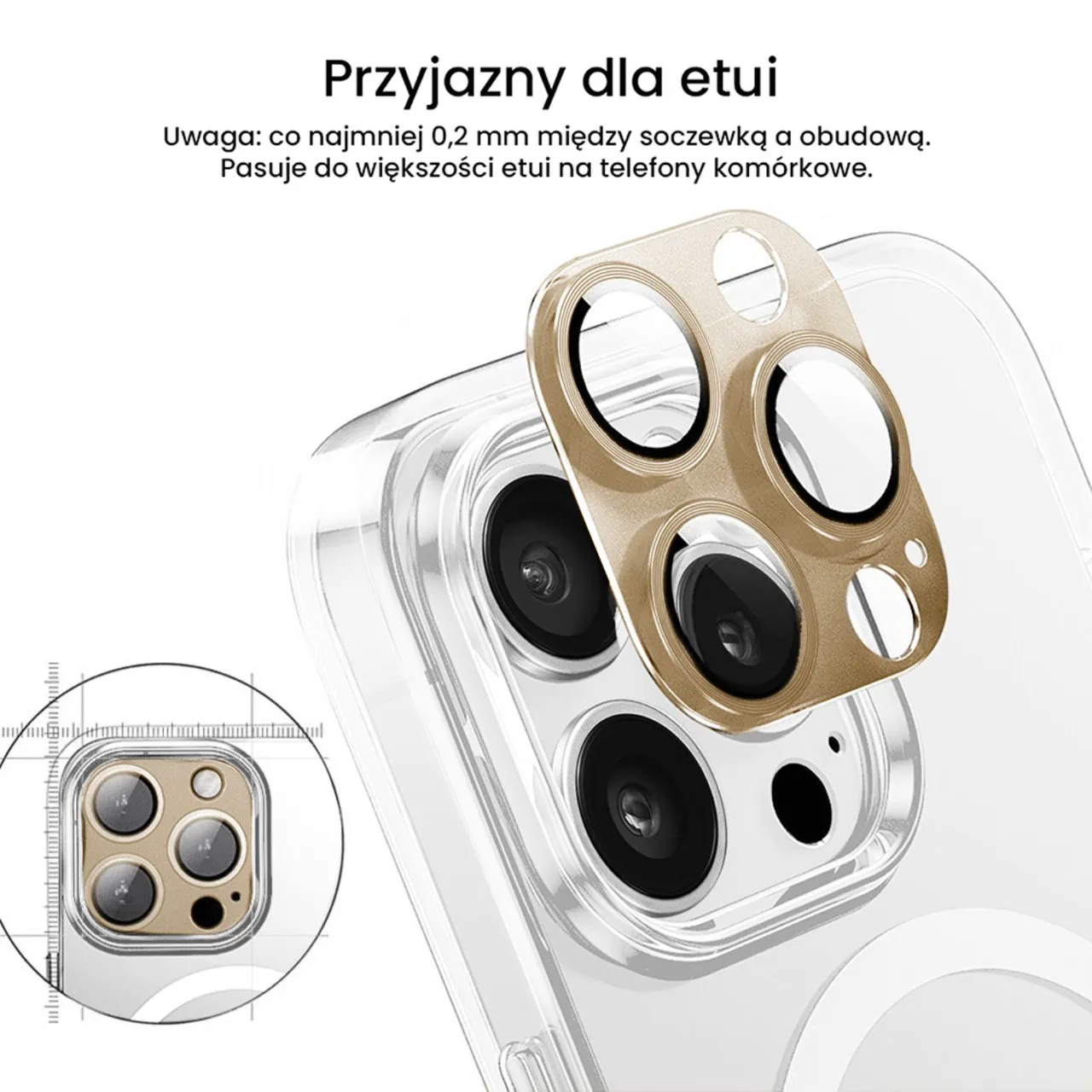 iPhone 15 Pro Max gładka metalowa osłona na cały aparat, wbudowane szkła 9H, złota