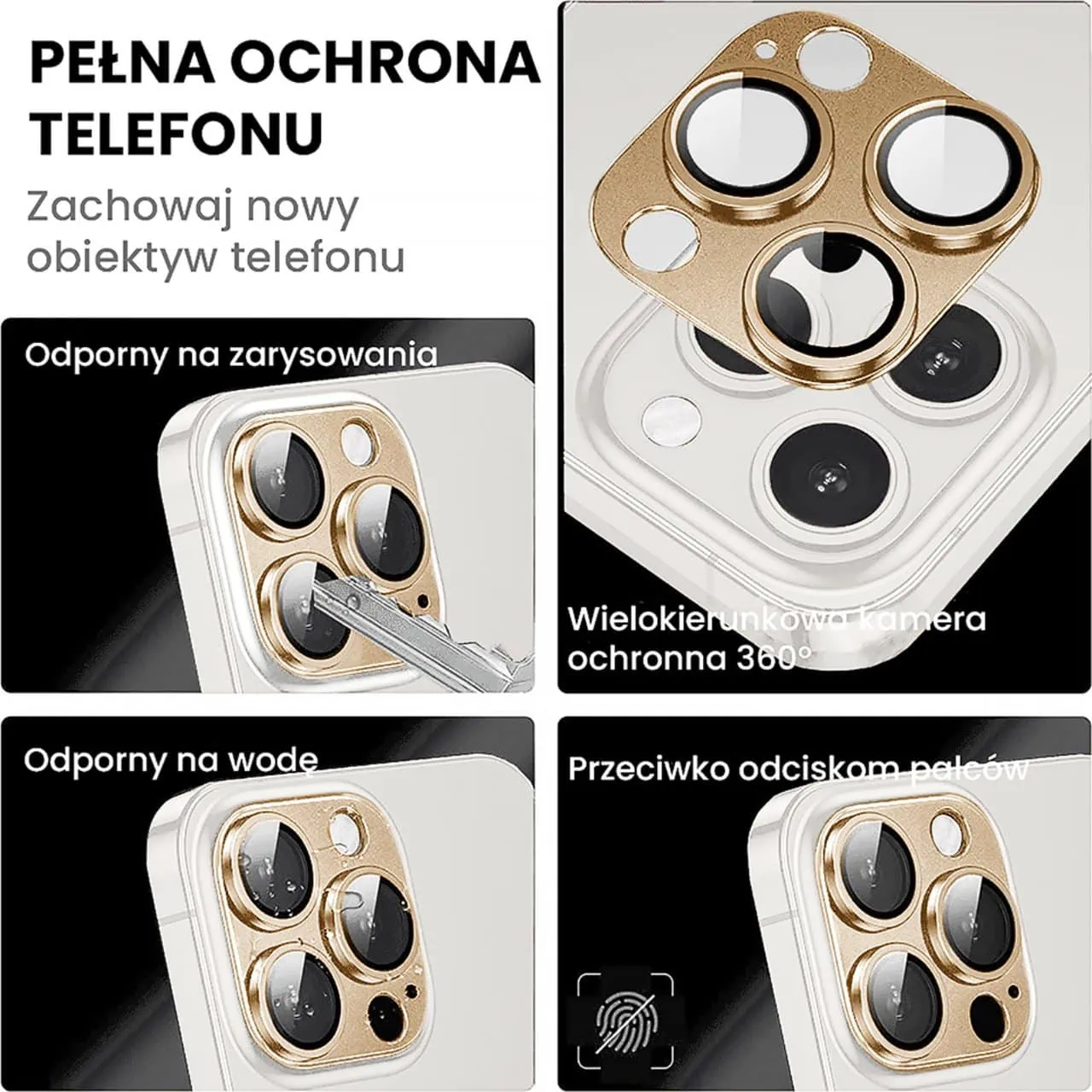 iPhone 15 Pro Max gładka metalowa osłona na cały aparat, wbudowane szkła 9H, złota