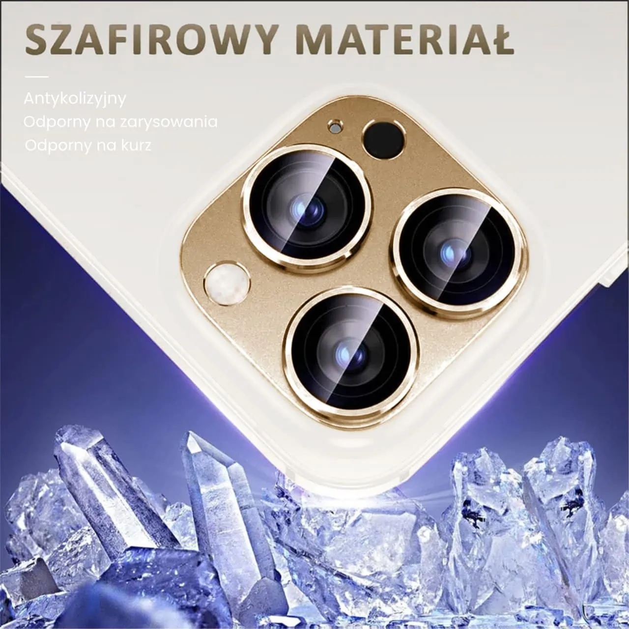 iPhone 15 Pro Max gładka metalowa osłona na cały aparat, wbudowane szkła 9H, złota