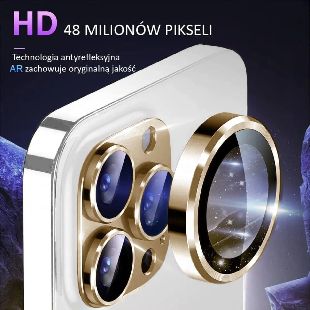 iPhone 15 Pro Max gładka metalowa osłona na cały aparat, wbudowane szkła 9H, złota