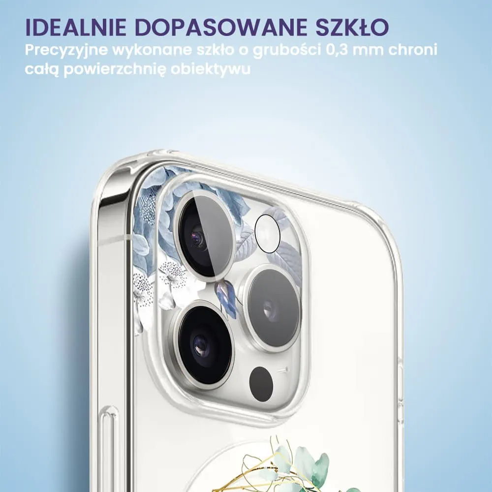 iPhone 16 Pro pełne szkło hartowane na cały aparat, kamerę, niebieskie kwiaty