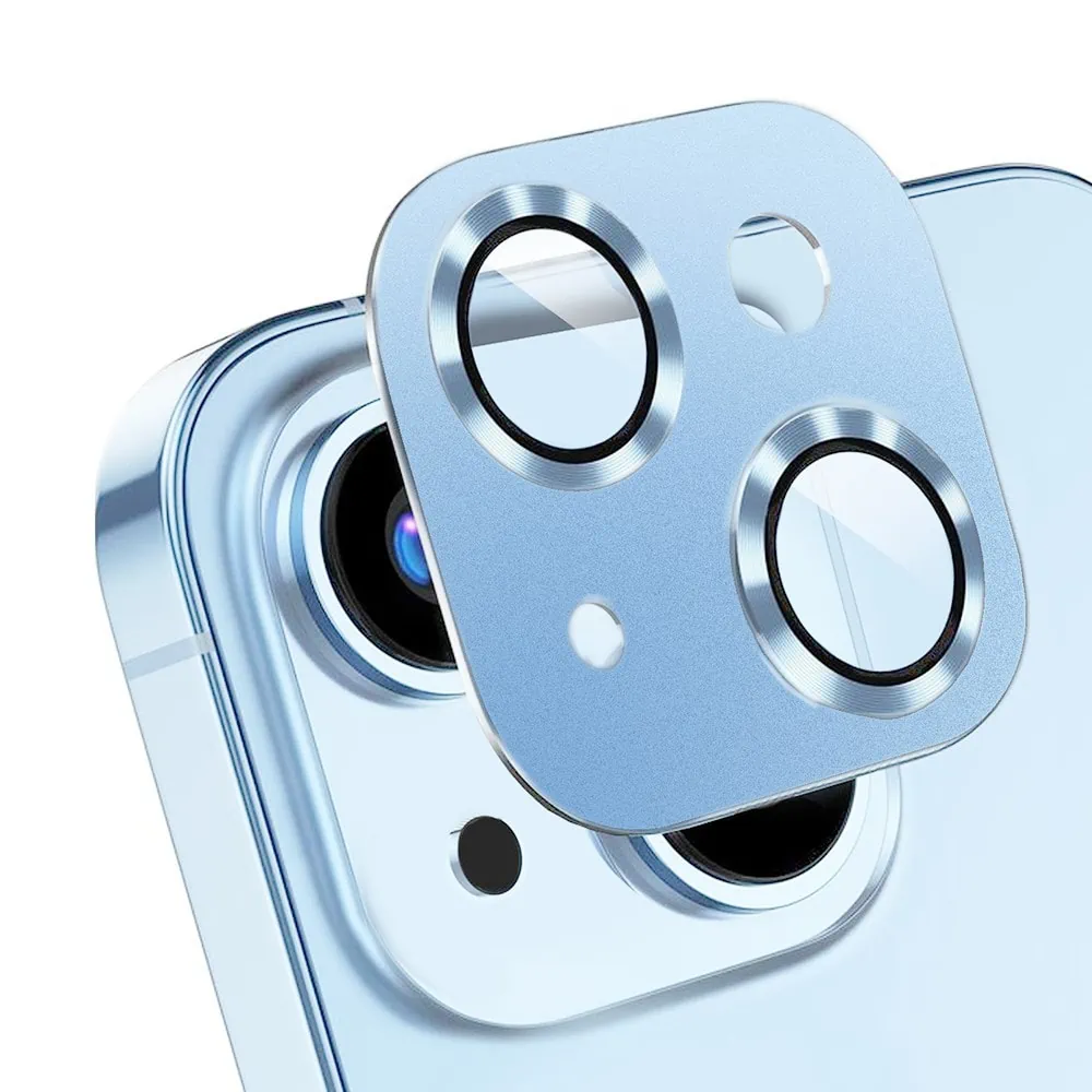 iPhone 15 gładka metalowa osłona na cały aparat, wbudowane szkła 9H, niebieska