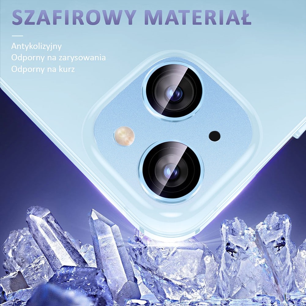 iPhone 15 gładka metalowa osłona na cały aparat, wbudowane szkła 9H, niebieska