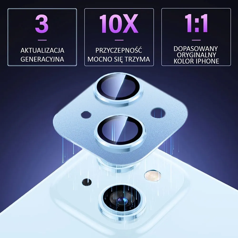 iPhone 15 gładka metalowa osłona na cały aparat, wbudowane szkła 9H, niebieska