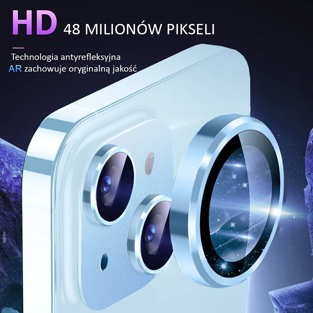 iPhone 15 gładka metalowa osłona na cały aparat, wbudowane szkła 9H, niebieska