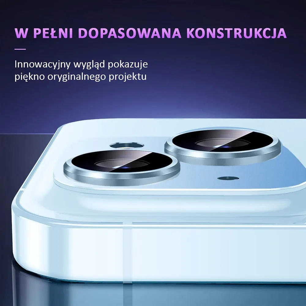 iPhone 15 gładka metalowa osłona na cały aparat, wbudowane szkła 9H, niebieska