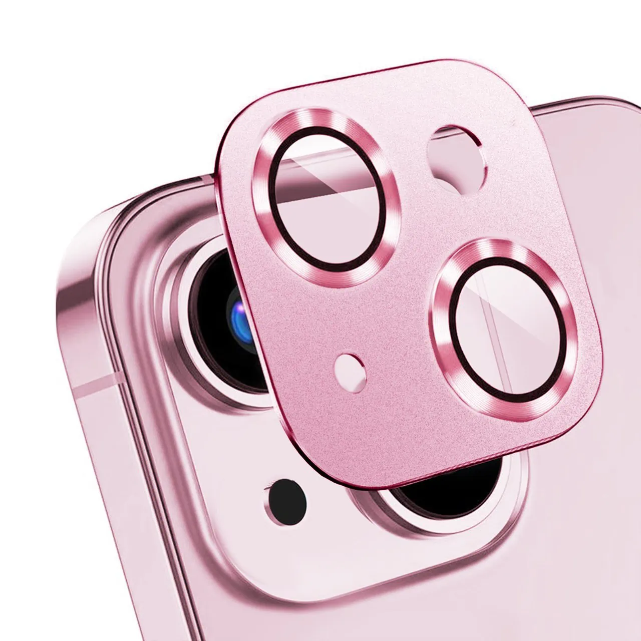 iPhone 15 gładka metalowa osłona na cały aparat, wbudowane szkła 9H, różowa