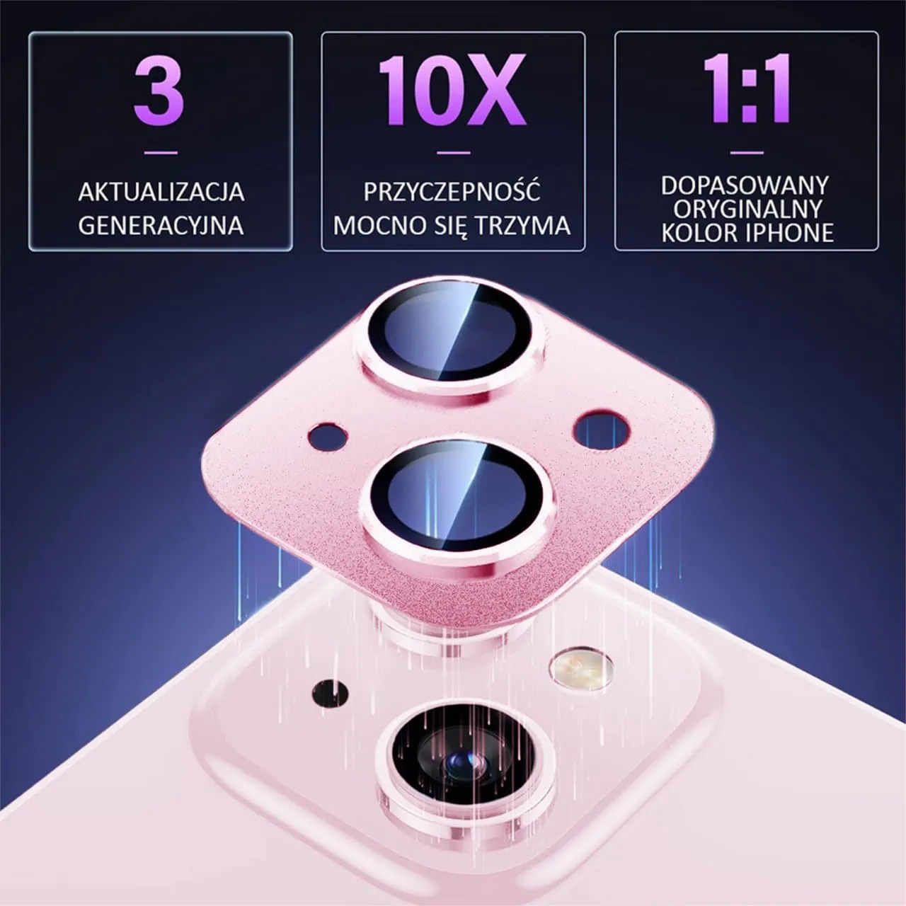 iPhone 15 gładka metalowa osłona na cały aparat, wbudowane szkła 9H, różowa